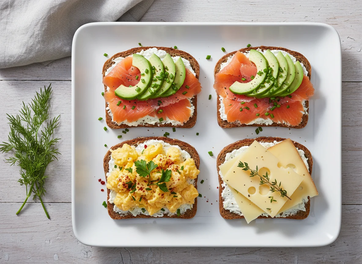 Belegte Brote mit Lachs, Avocado und Ei photo