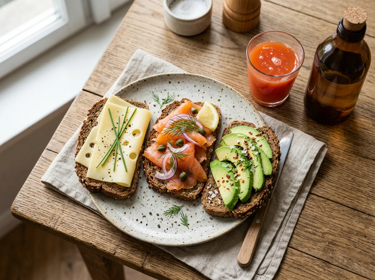 Belegte Brote mit Lachs, Avocado und Käse photo