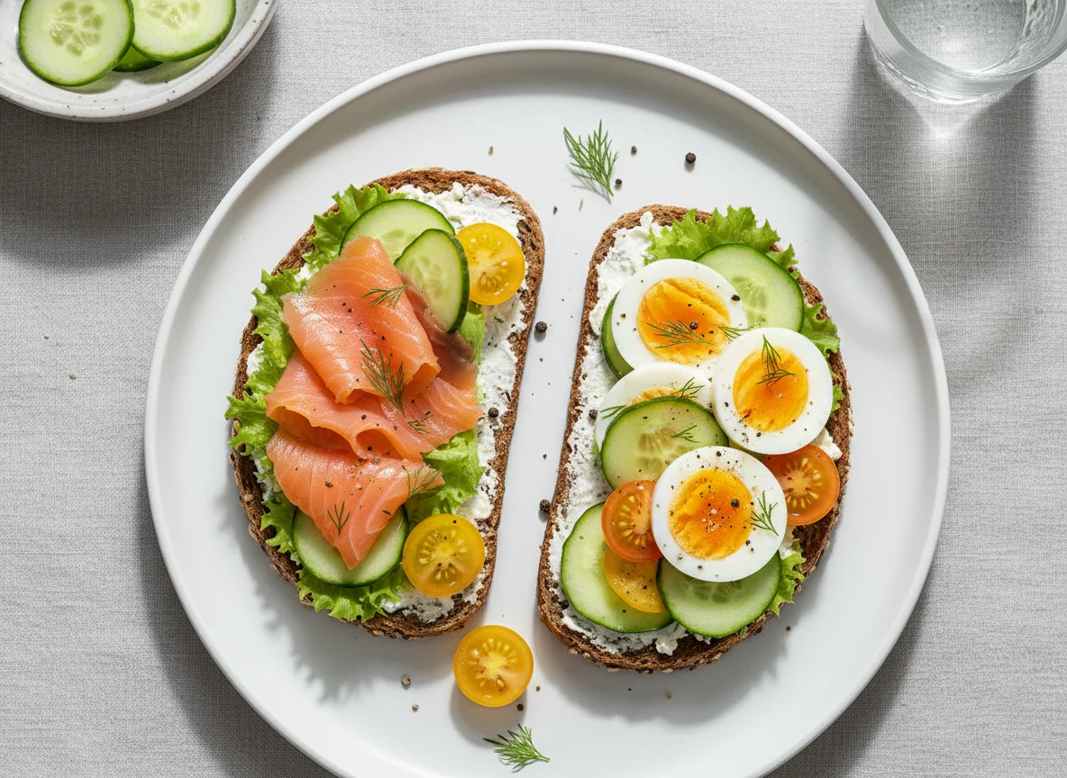 Belegte Brote mit Lachs, Ei und Gemüse photo