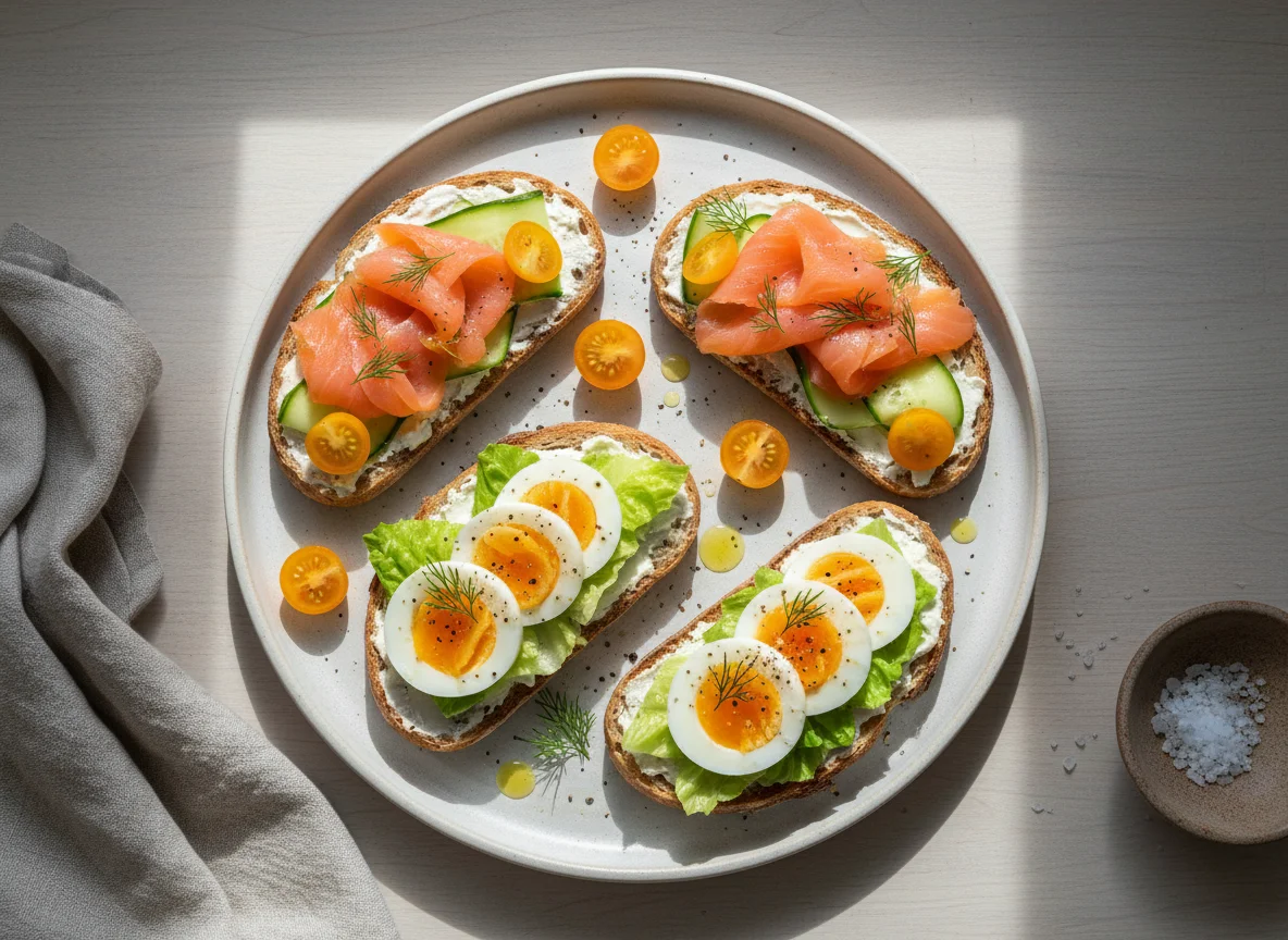 Belegte Brote mit Lachs und Ei photo