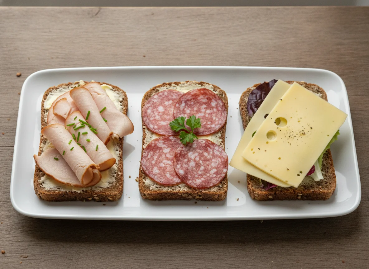 Belegte Brote mit Putenbrust, Salami und Käse photo