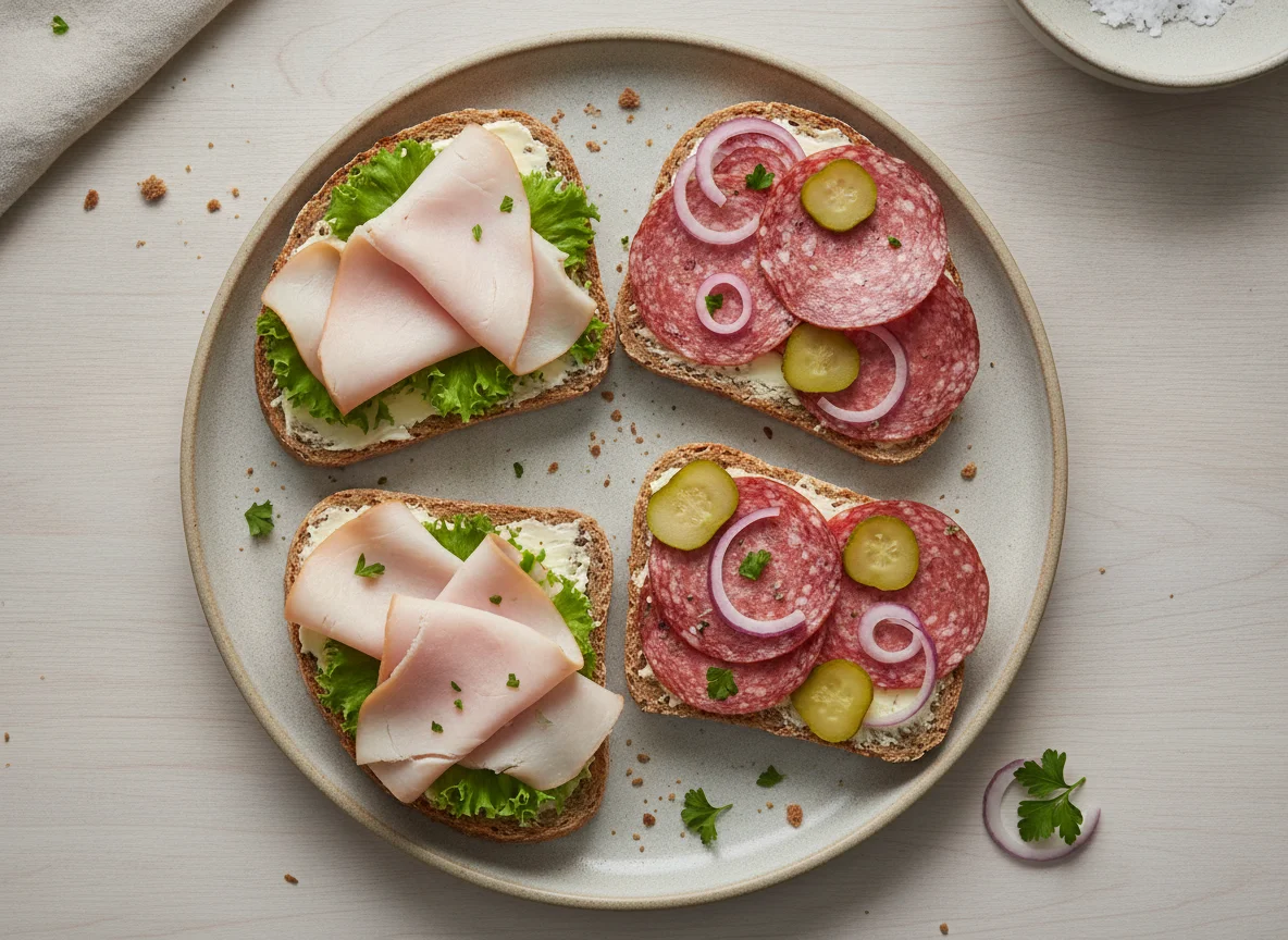 Belegte Brote mit Putenbrust und Salami photo