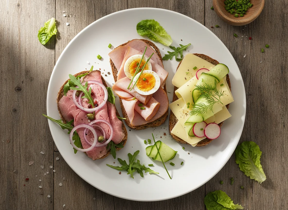 Belegte Brote mit Roastbeef, Schinken, Ei und Käse photo