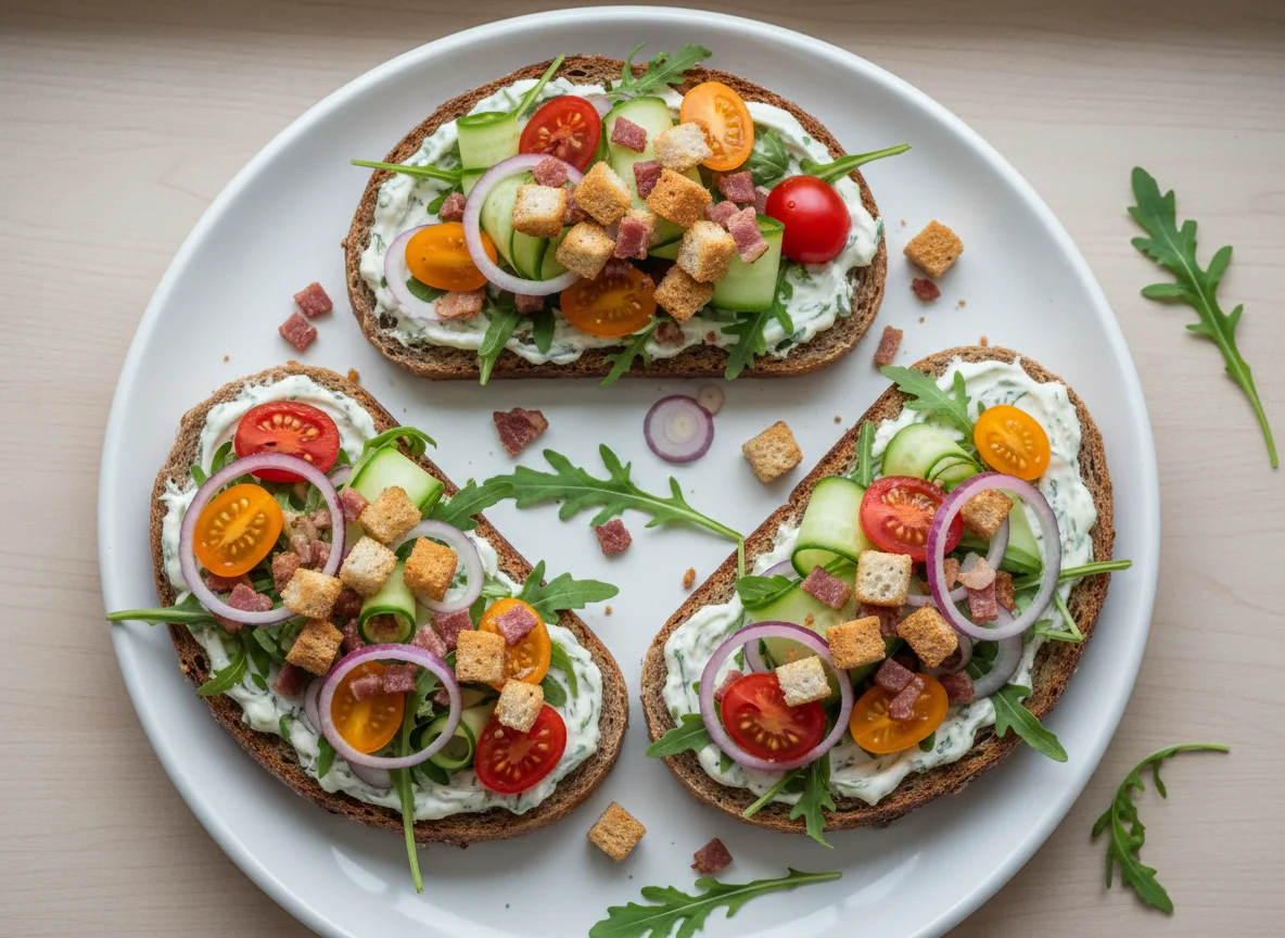 Belegte Brote mit Rucola, Tomaten und Sauce photo