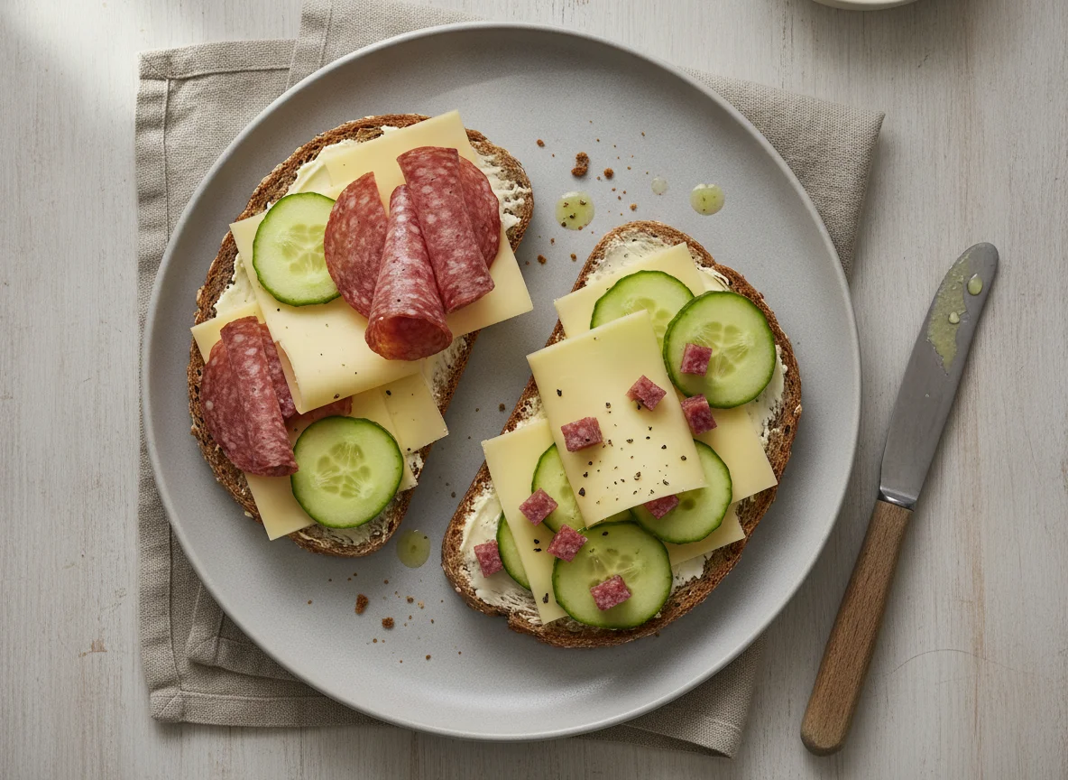 Belegte Brote mit Salami, Käse und Gurke photo