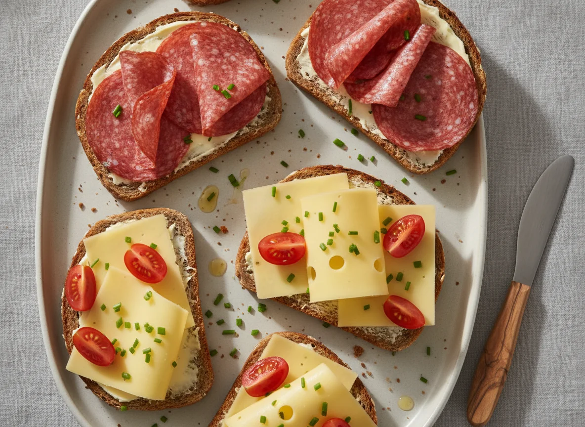 Belegte Brote mit Salami, Käse und Tomaten photo