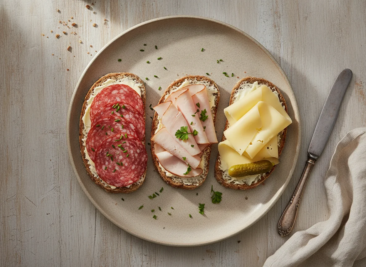 Belegte Brote mit Salami, Putenbrust und Käse photo