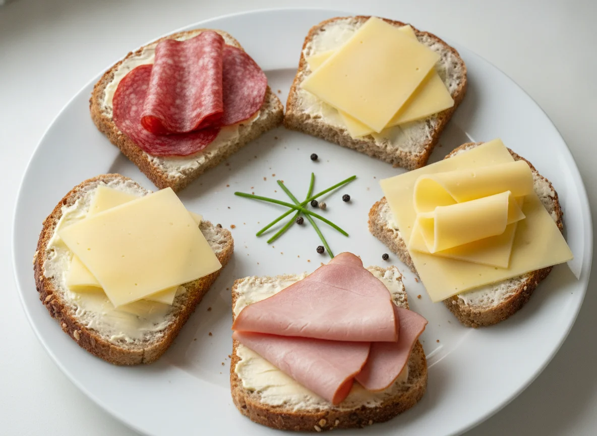 Belegte Brote mit Salami, Schinken und Käse photo