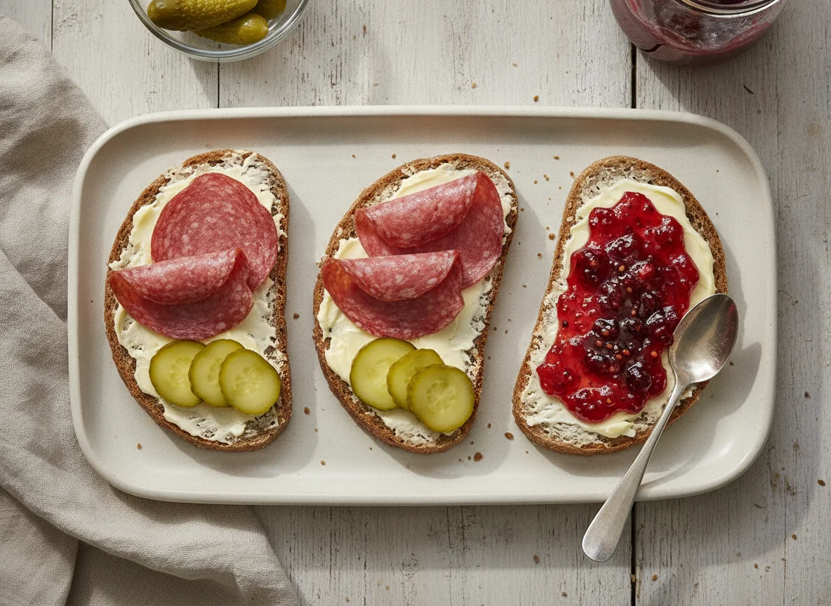 Belegte Brote mit Salami und Marmelade photo