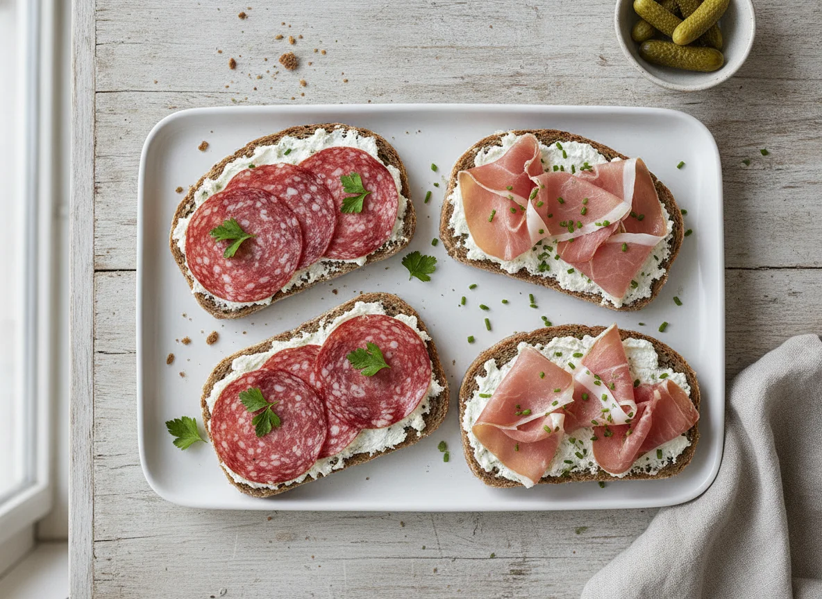 Belegte Brote mit Salami und Schinken photo