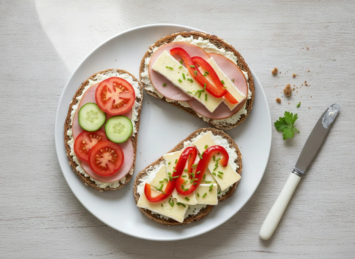 Belegte Brote mit Schinken, Käse und Gemüse photo