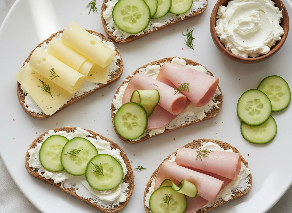 Belegte Brote mit Schinken, Käse und Gurke photo
