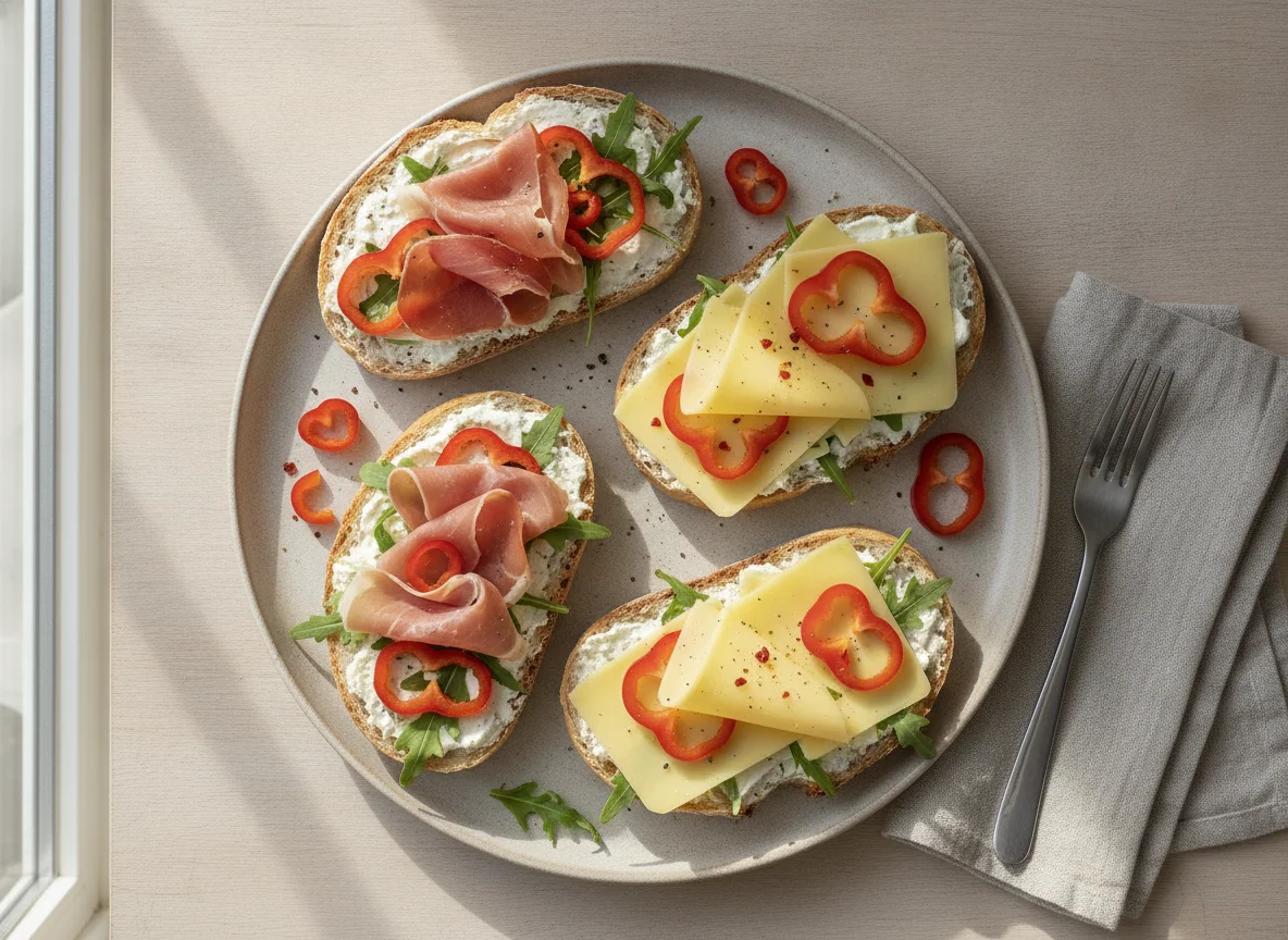 Belegte Brote mit Schinken, Käse und Paprika photo
