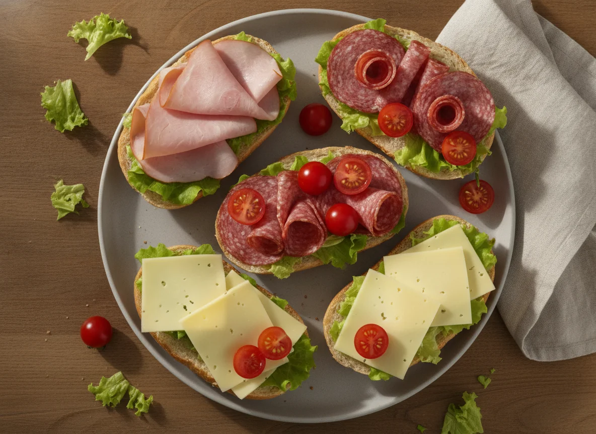 Belegte Brote mit Schinken, Salami und Käse photo