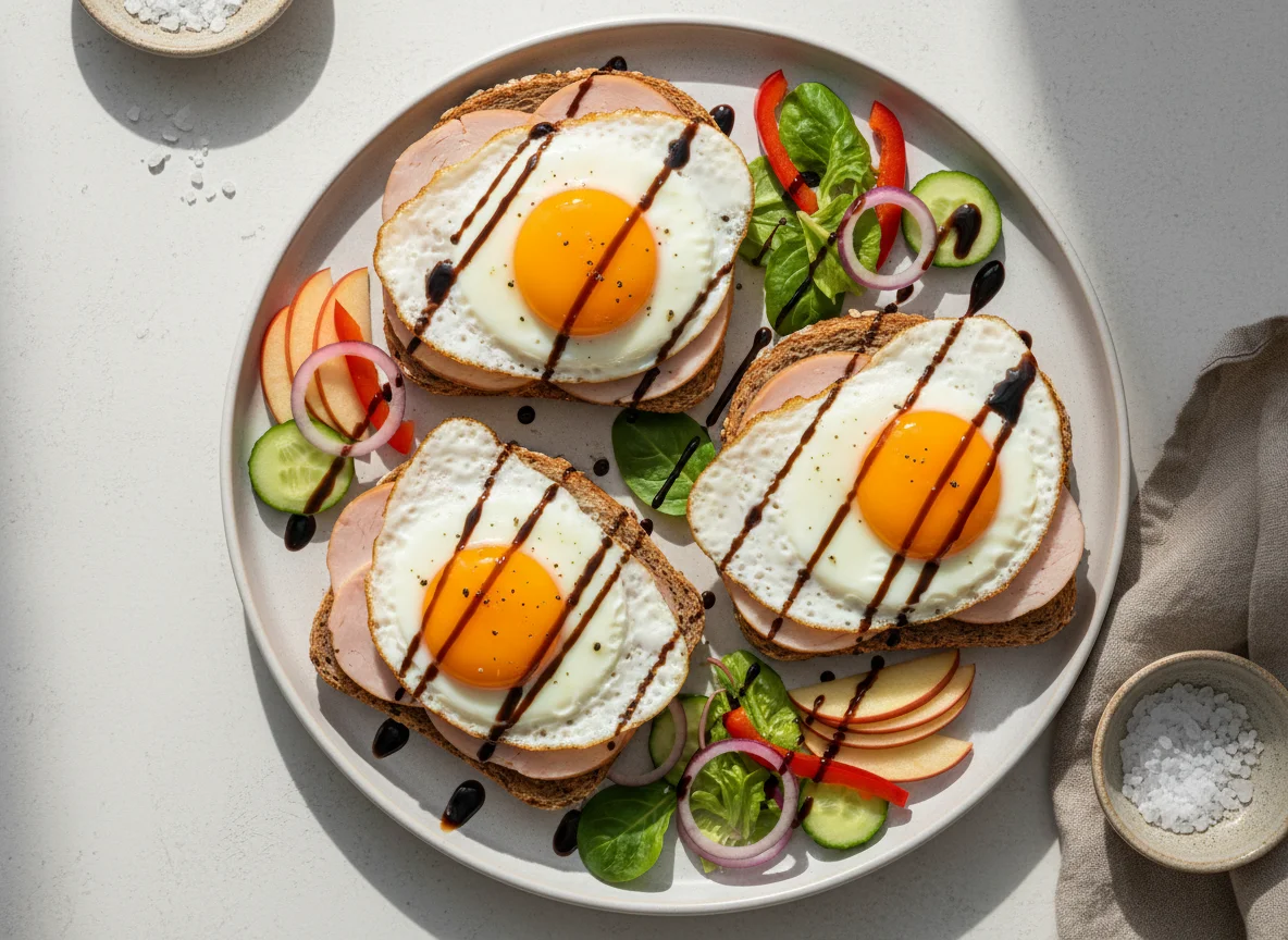 Belegte Brote mit Spiegelei und Salat photo