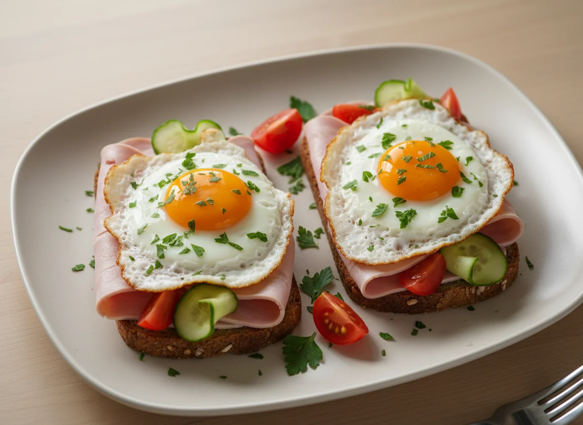 Belegte Brote mit Spiegelei und Schinken photo