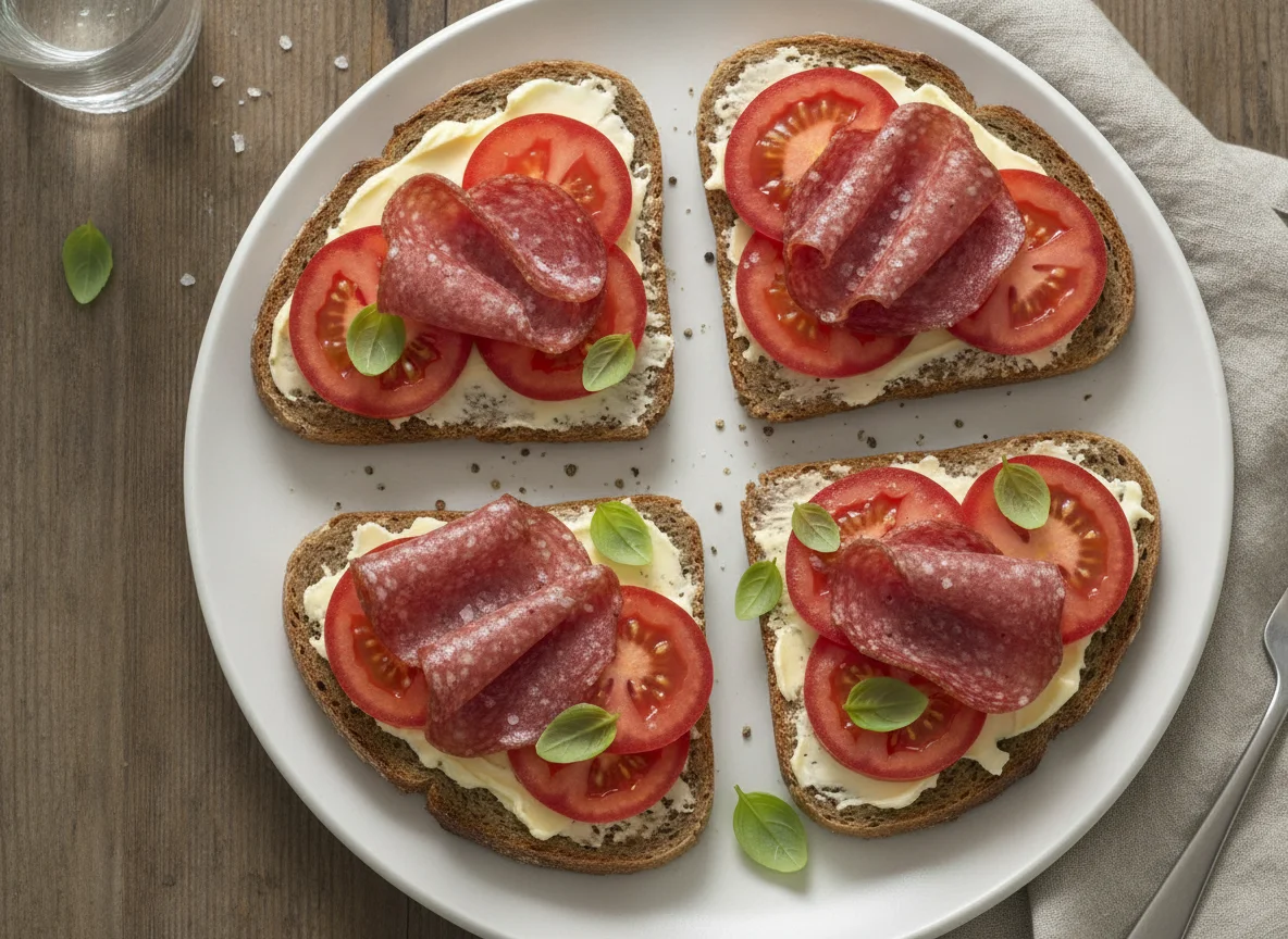Belegte Brote mit Tomate und Salami photo