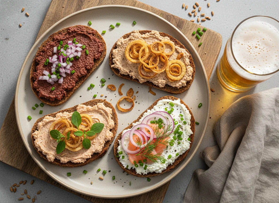 Belegte Brote mit verschiedenen Aufstrichen und Bier photo