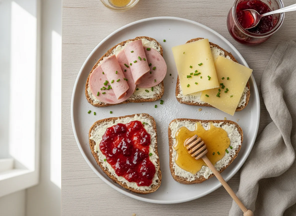 Belegte Brote mit Wurst, Käse, Marmelade und Honig photo