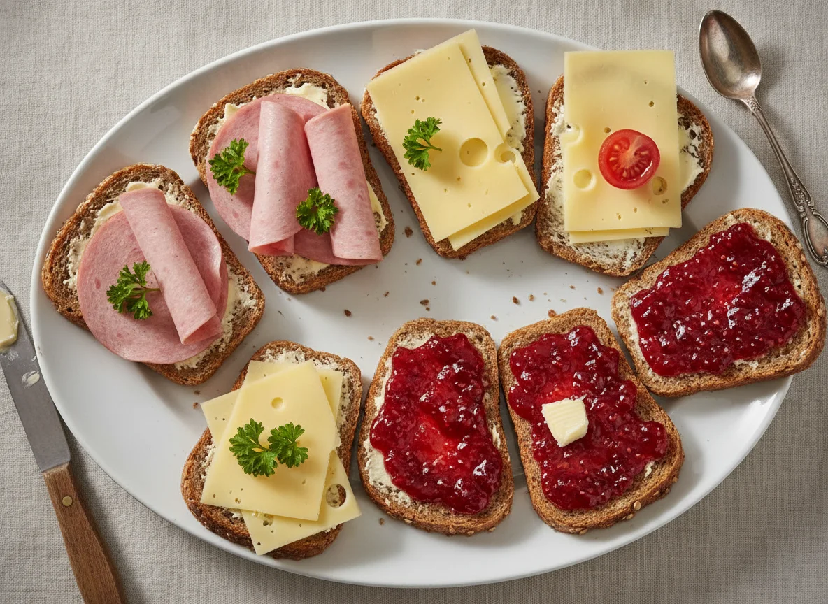 Belegte Brote mit Wurst, Käse und Marmelade photo