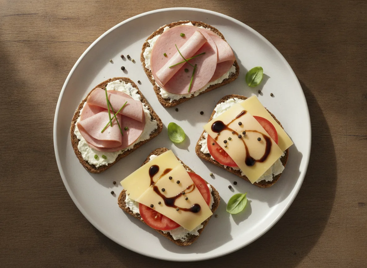 Belegte Brote mit Wurst, Käse und Tomate photo