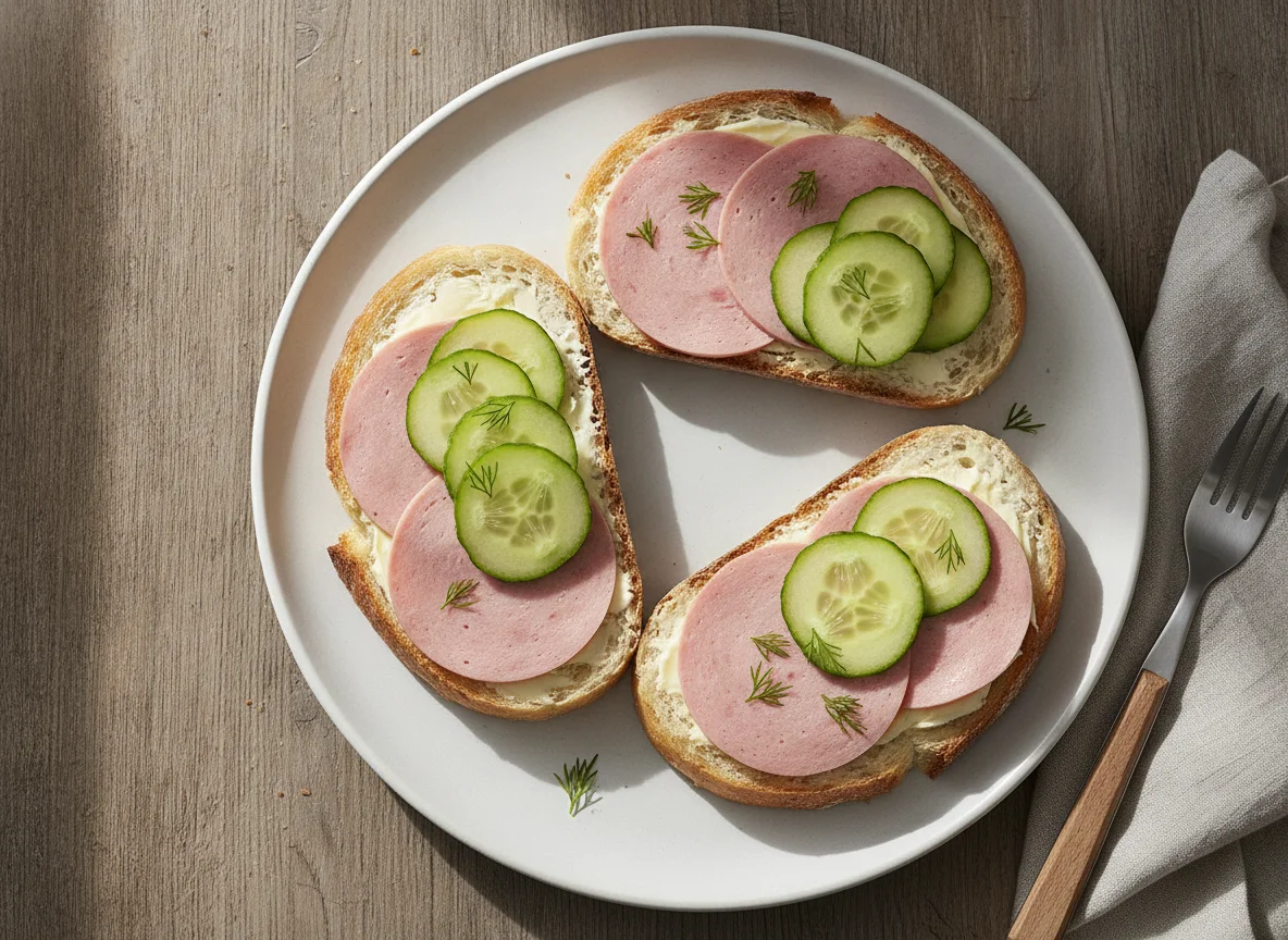 Belegte Brote mit Wurst und Gurke photo