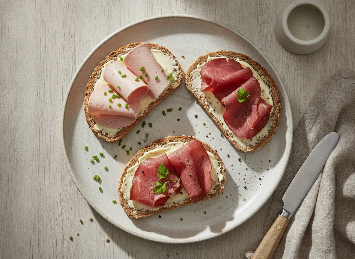 Belegte Brote mit Wurst und Schinken photo
