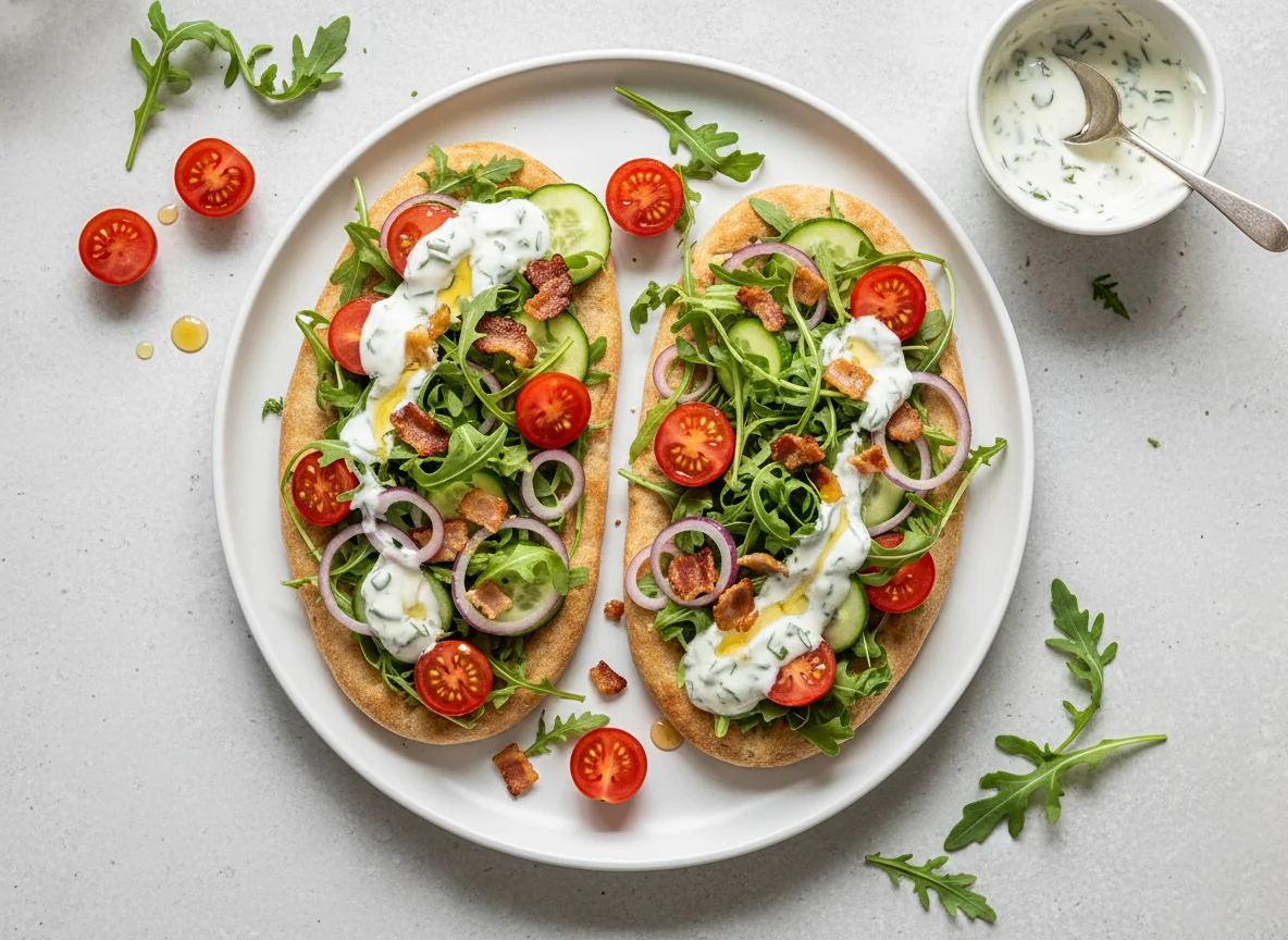 Belegte Fladenbrote mit Salat und Dressing photo
