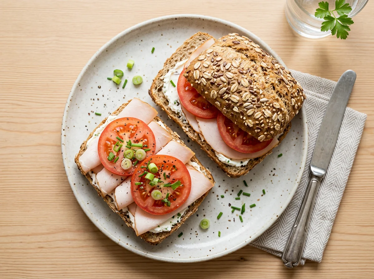 Belegte Mehrkornbrötchen mit Putenbrust und Tomate photo