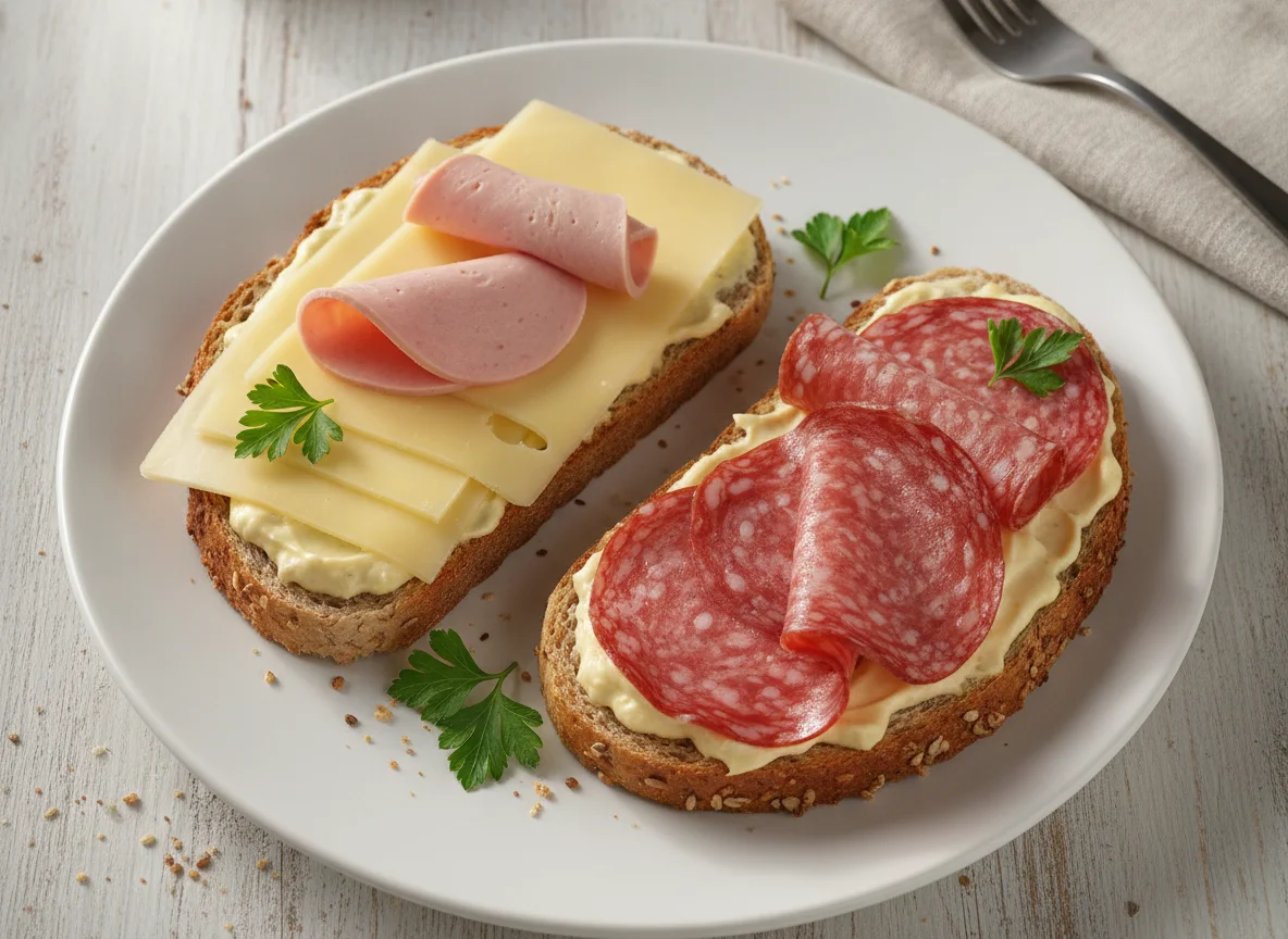 Belegte Toastscheiben mit Wurst und Käse photo