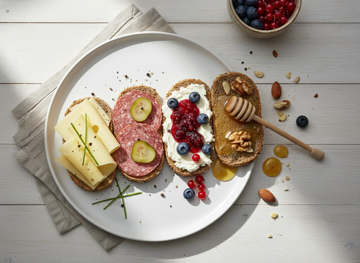 Belegte Vollkornbrote mit Käse, Salami, Marmelade und Honig photo