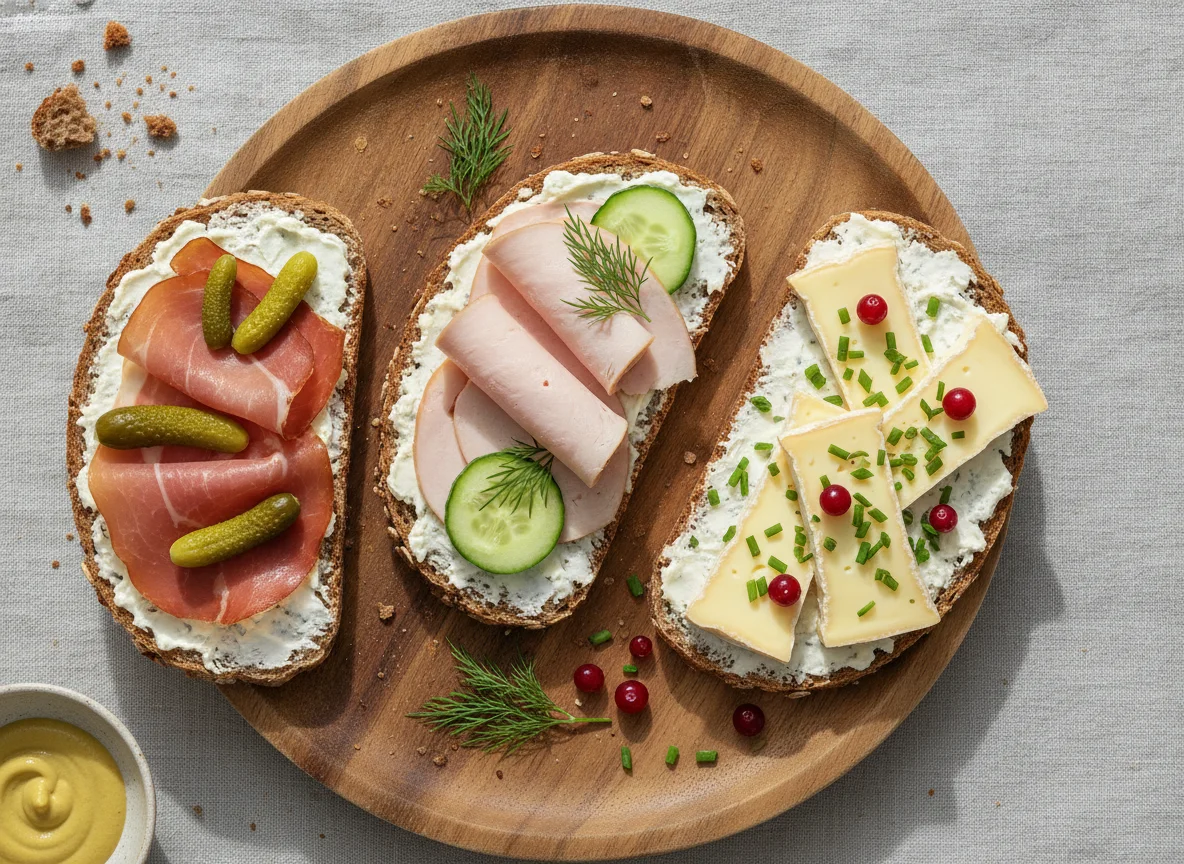 Belegte Vollkornbrote mit Schinken, Pute und Camembert photo