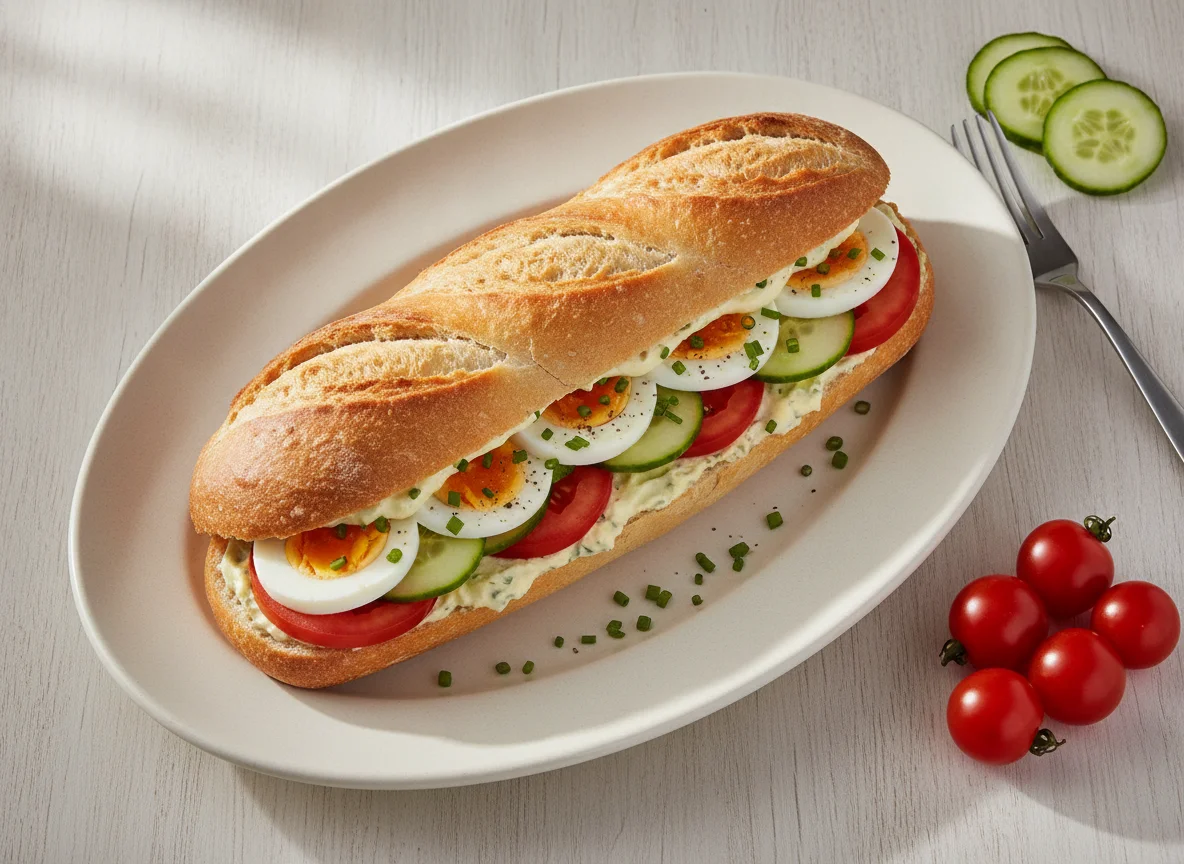 Belegtes Baguette mit Ei und Gemüse photo