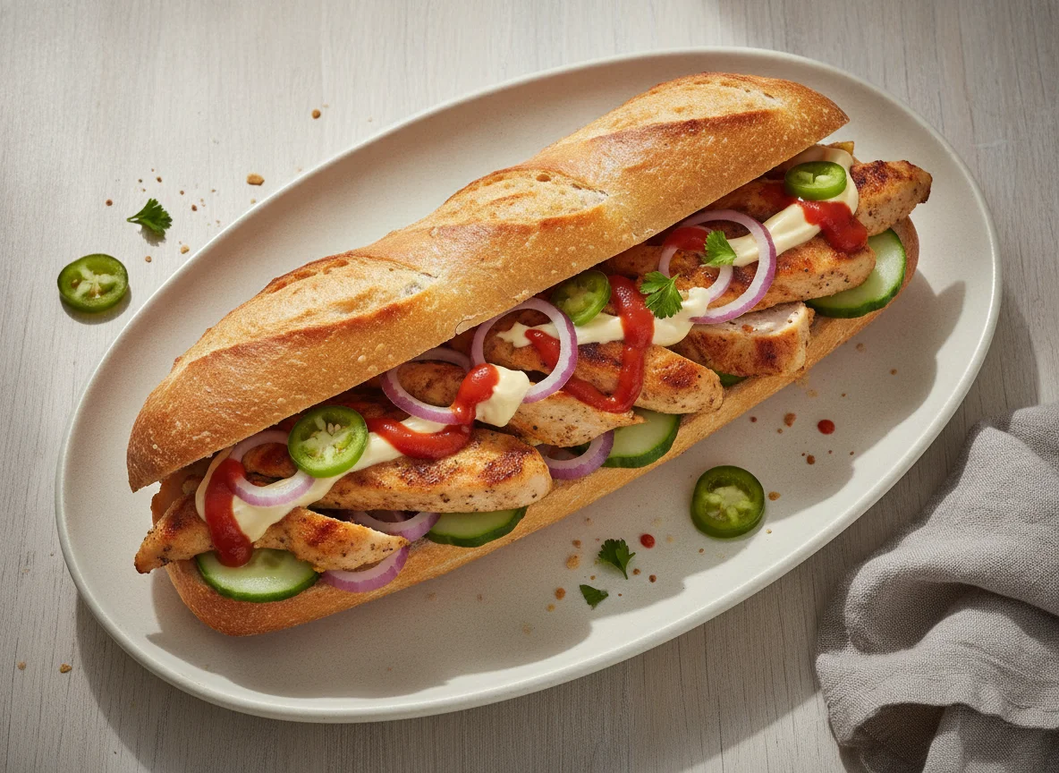 Belegtes Baguette mit Hähnchen und Gemüse photo