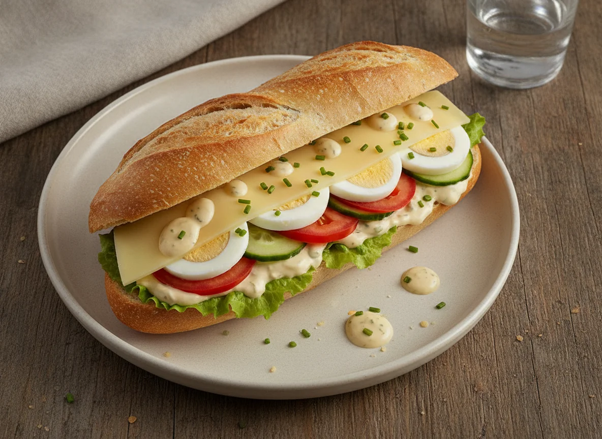 Belegtes Baguette mit Käse und Ei photo