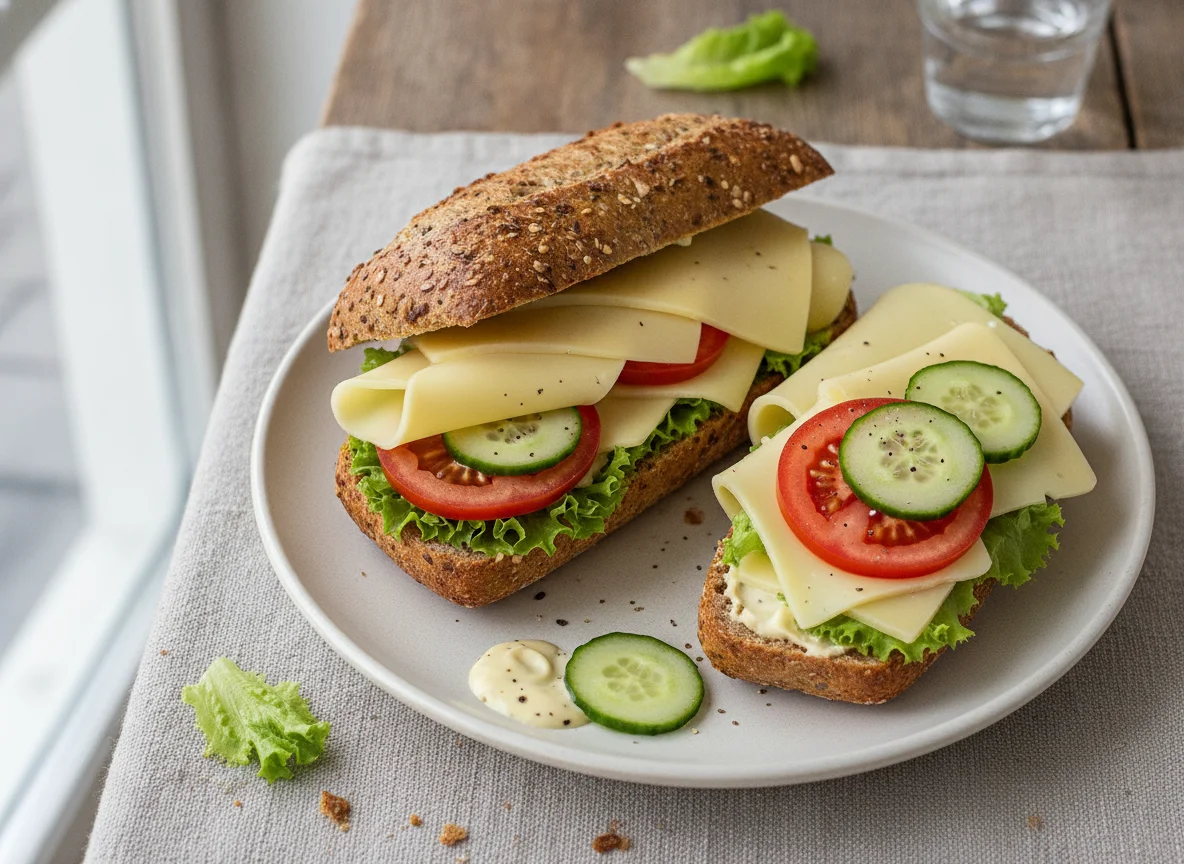 Belegtes Baguette mit Käse und Gemüse photo