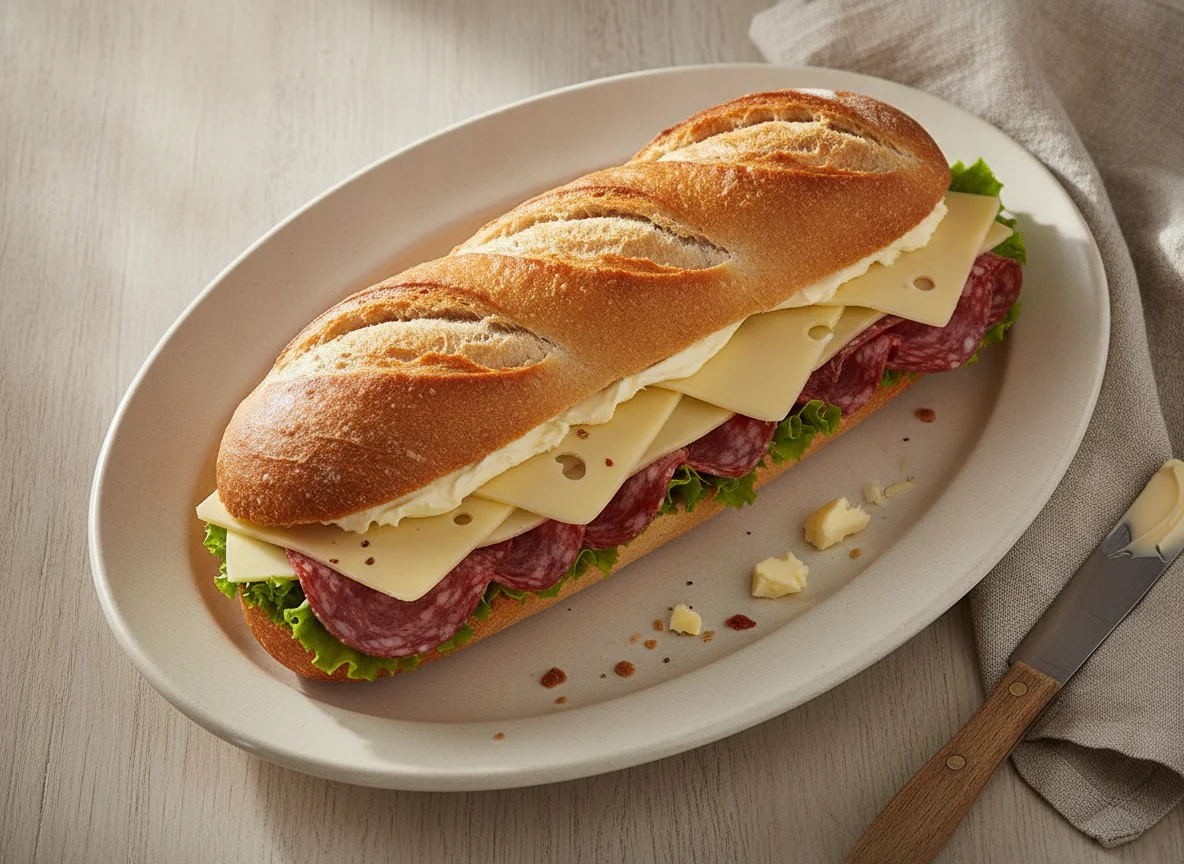Belegtes Baguette mit Käse und Salami photo