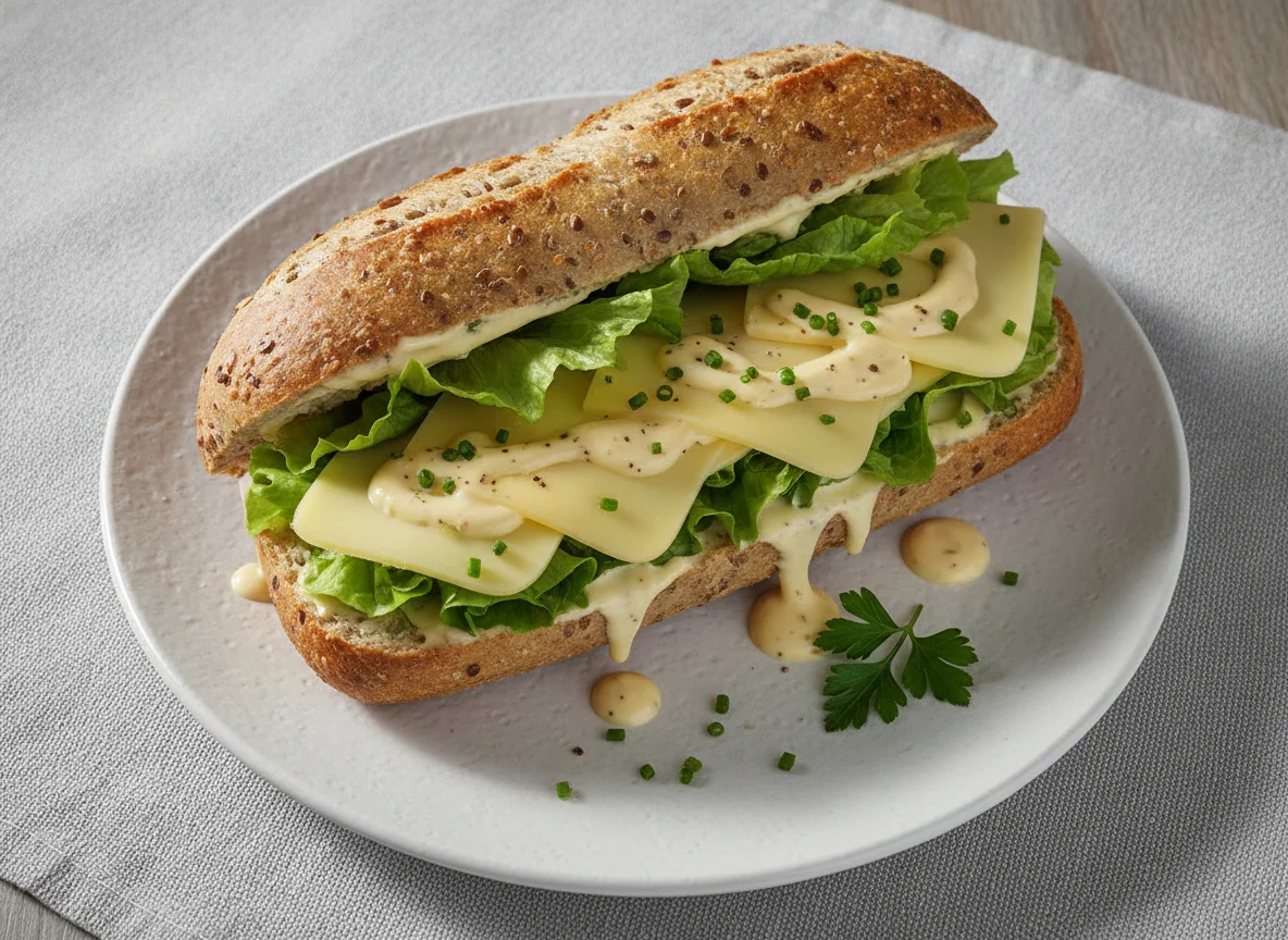 Belegtes Baguette mit Käse und Salat photo