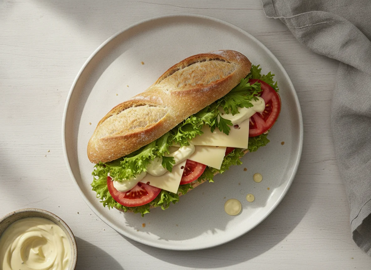 Belegtes Baguette mit Käse und Tomate photo