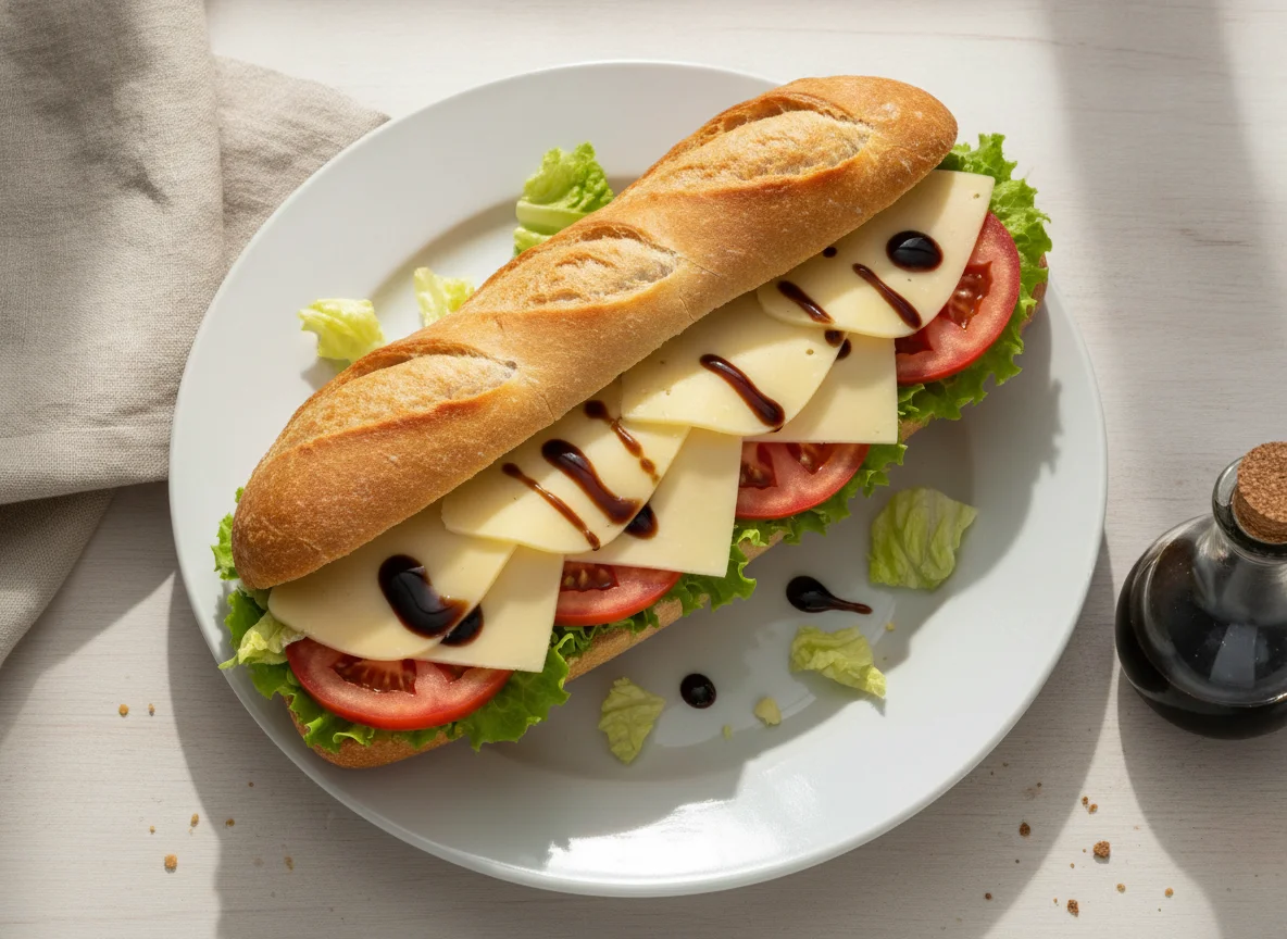 Belegtes Baguette mit Käse und Tomaten photo