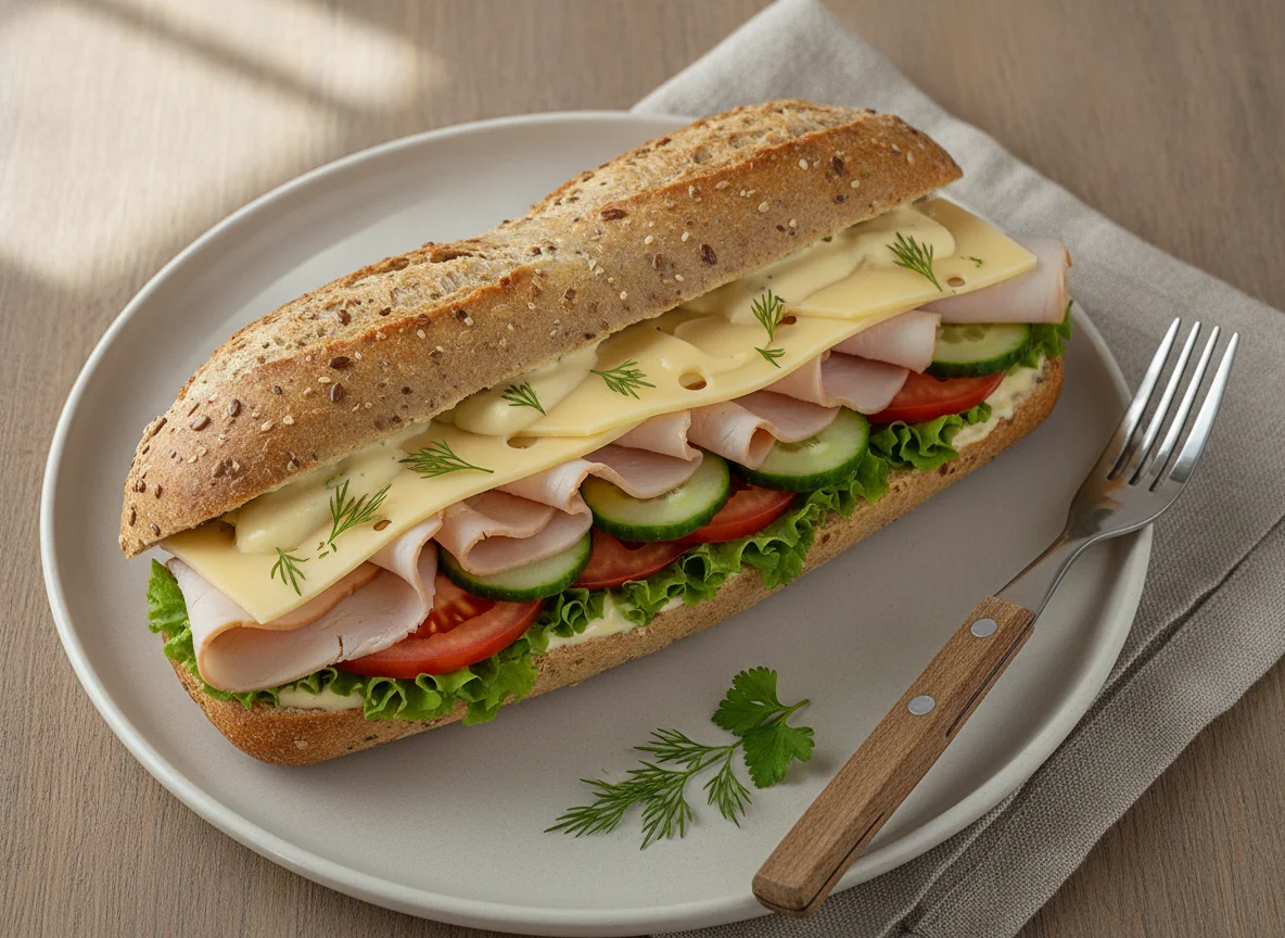 Belegtes Baguette mit Putenbrust und Käse photo