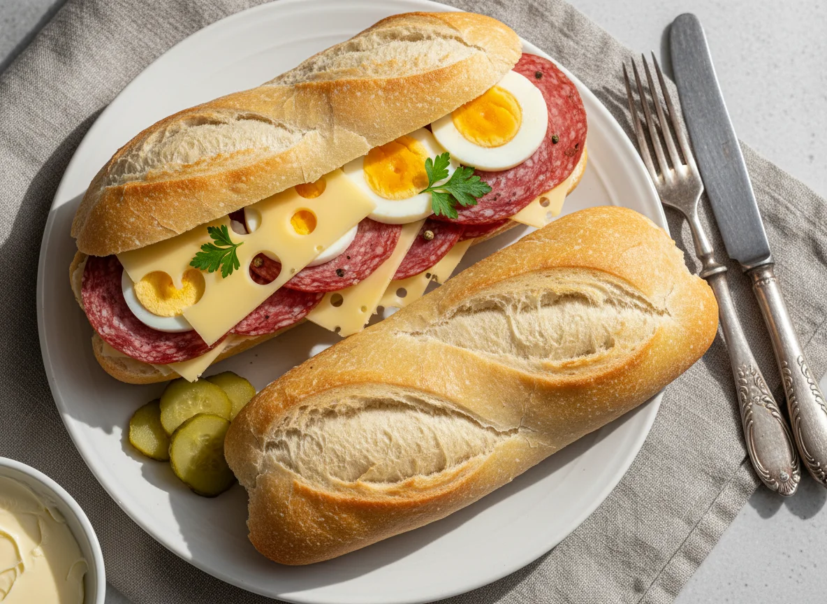 Belegtes Baguette mit Salami, Käse und Ei photo