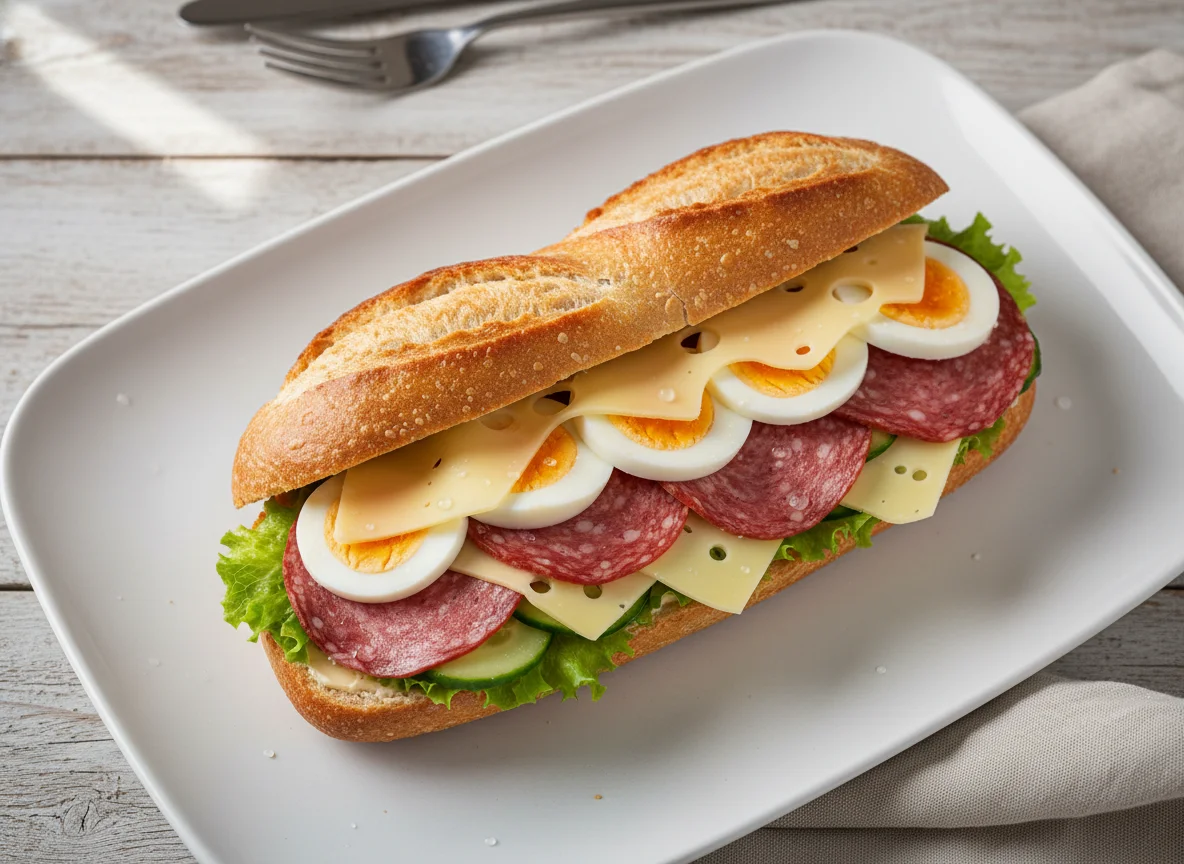 Belegtes Baguette mit Salami und Ei photo