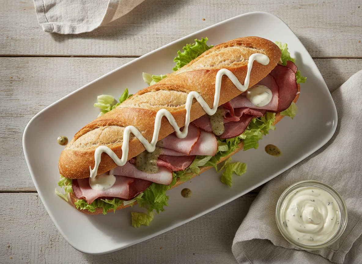 Belegtes Baguette mit Salat und Sauce photo