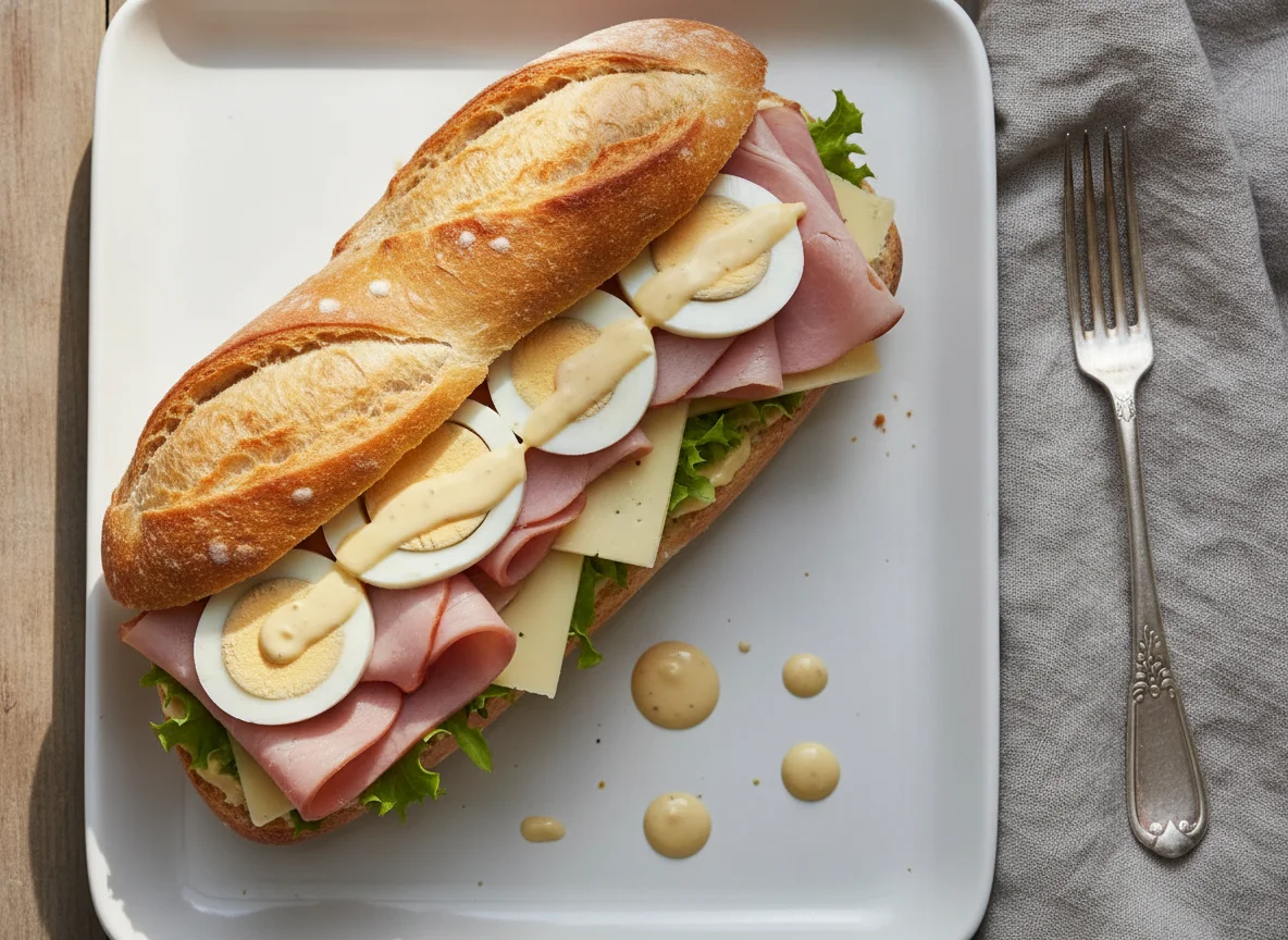 Belegtes Baguette mit Schinken, Käse und Ei photo