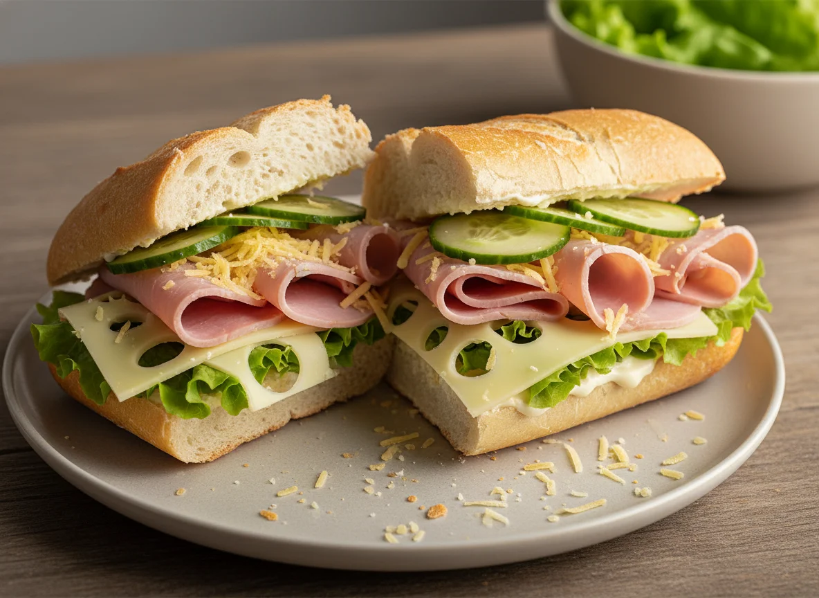 Belegtes Baguette mit Schinken und Käse photo