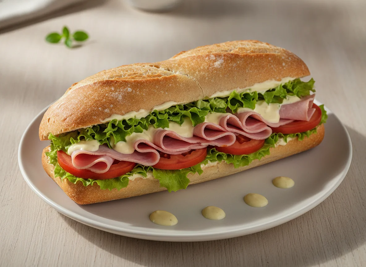 Belegtes Baguette mit Schinken und Salat photo