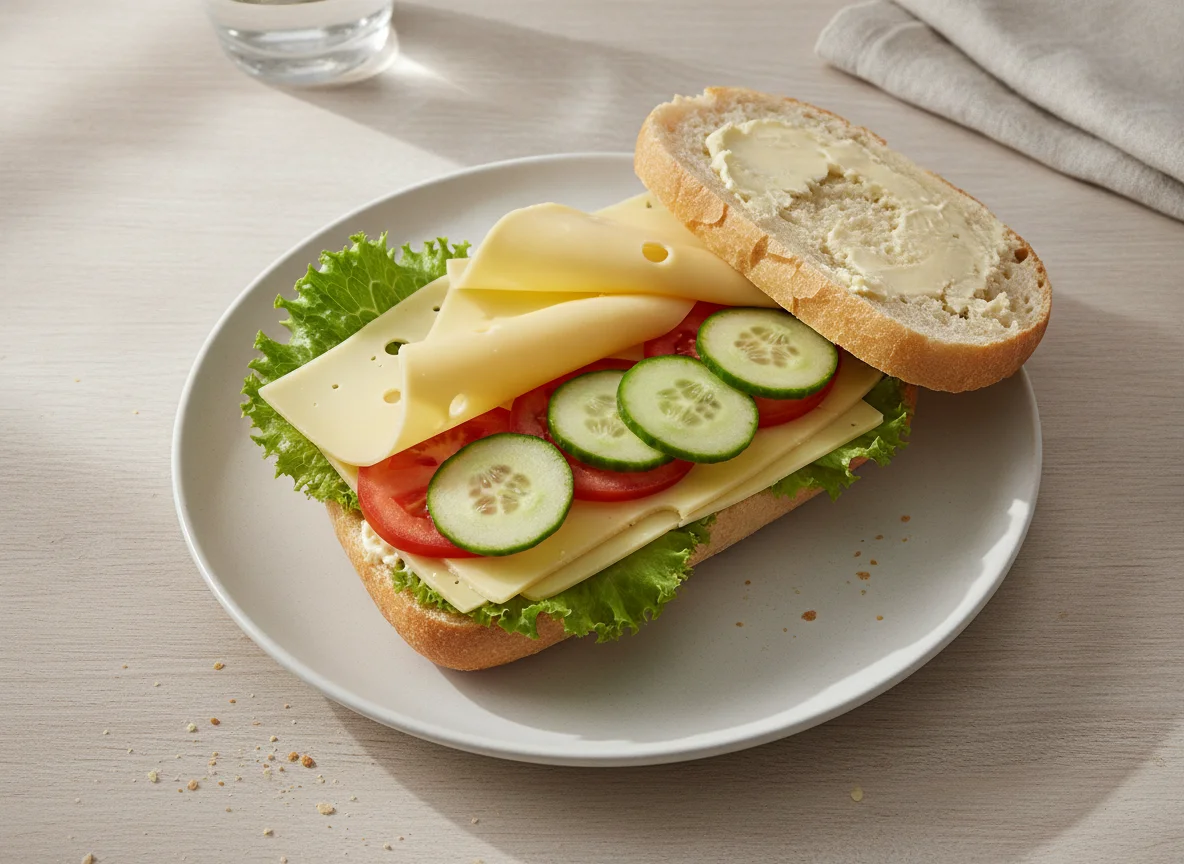 Belegtes Baguette-Brötchen mit Käse photo