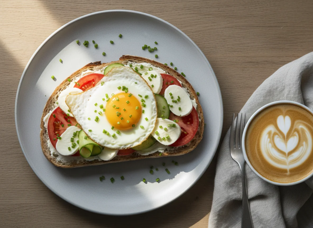 Belegtes Brot mit Ei, Tomate, Mozzarella und Schnittlauch mit Cappuccino photo