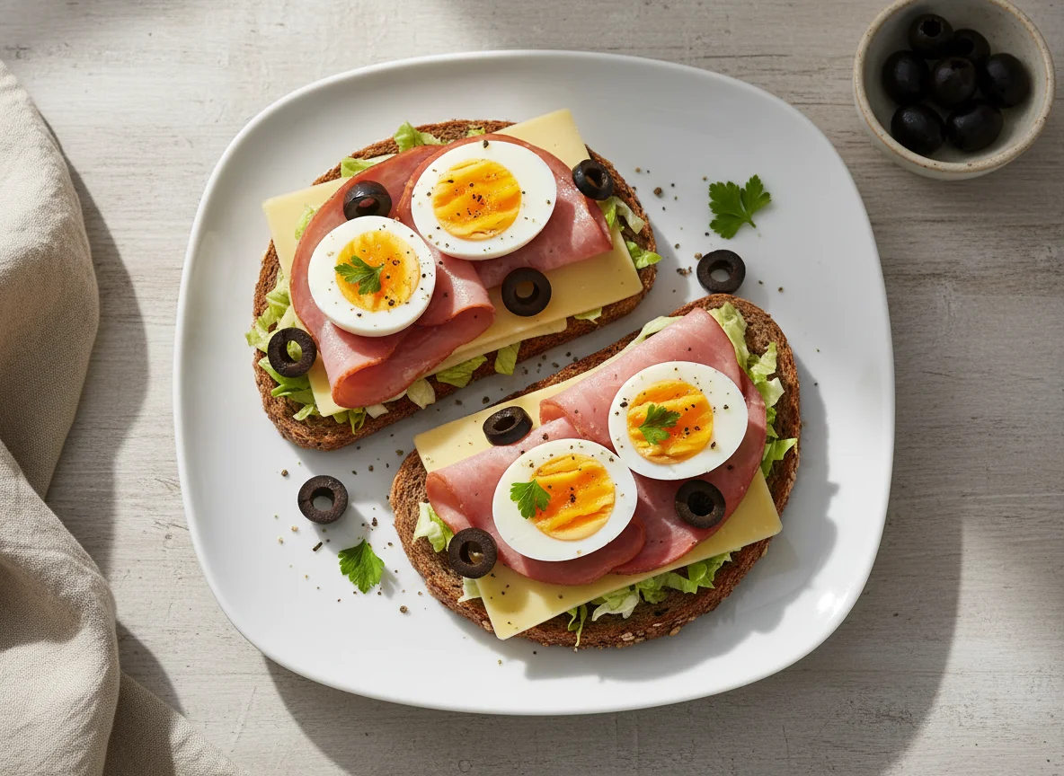 Belegtes Brot mit Ei und Oliven photo